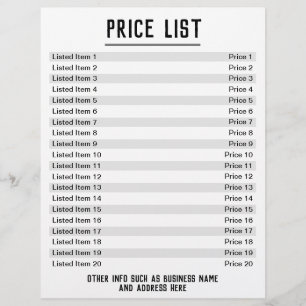 Pris lista. Upp till 20 artiklar och priser. Ensid Reklamblad