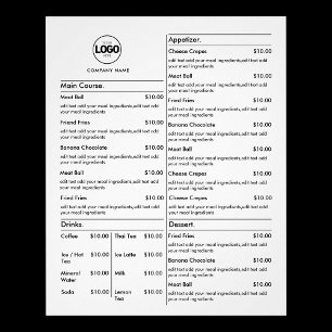 Pris lista Vit företagsmeny Modern Restaurang Flygblad