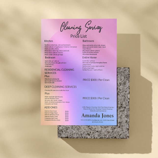 Pris listmeny för HoloGraphics Städning Services Reklamblad (Holographic Cleaning Services Price List Menu Flyer)