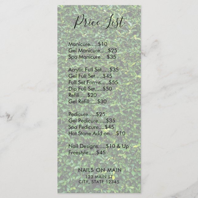 Pris listmeny för naturgrass Nail Salon Meny (Framsida)