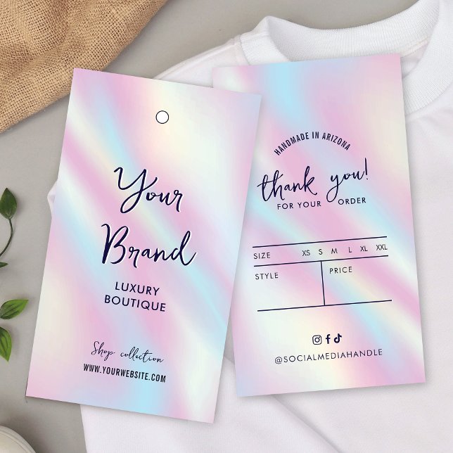 Pris Märkre för modern holografisk konfektion Visitkort (Feminine clothing tag label with holographic effect background and modern script fonts & size chart)