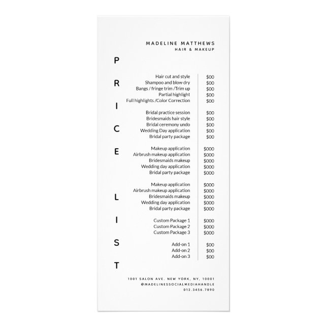 Pris tjänst för modern minimalistisk vit salon reklamkort (Framsidan)