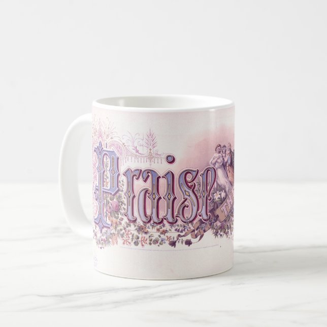 "Prisa Herren" Vintage kristen konst lavendel Kaffemugg (Framsida vänster)