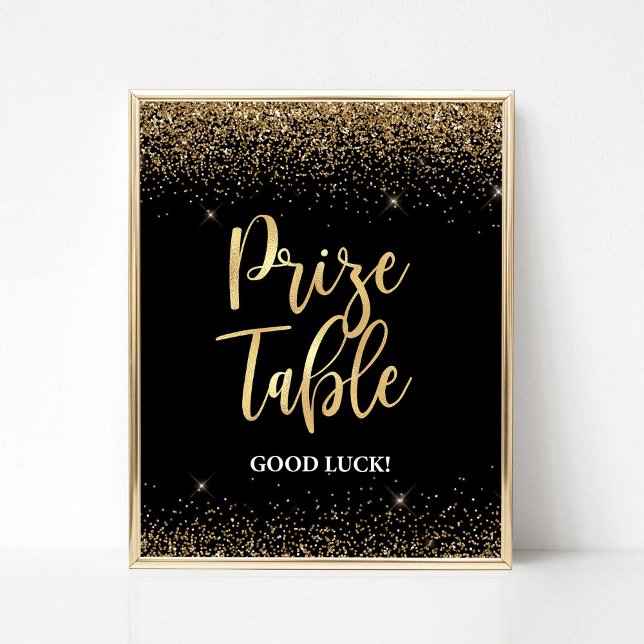 Priset Bord Sign Black & Guld Glitter Confetti Poster (Prize Table Shower Sign, Black & Gold Glitter Confetti 2 Theme, Bridal Shower Sign)
