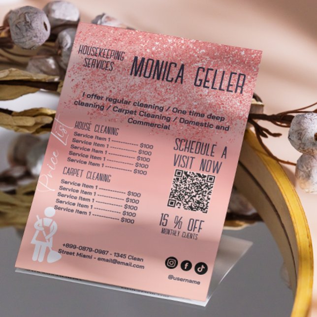 Prishandledning Hemstädning Rosa Guld Qr Kod Flygblad (House Keeping Maid Price Rose Gold Blush Qr Code Flyer)