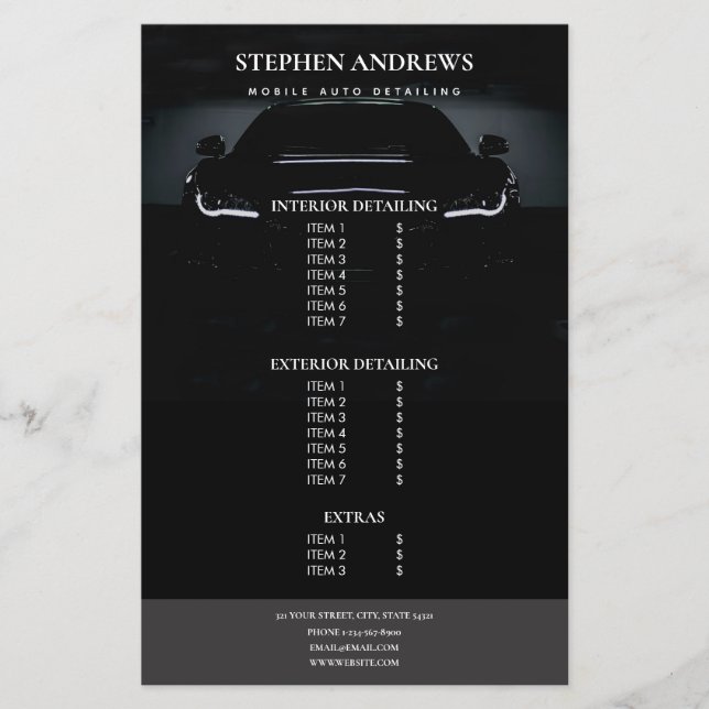 Prislista för reparation och rengöring av bilar Au Flygblad (Framsidan)