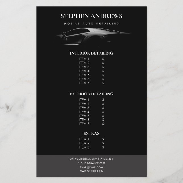 Prislista för reparation och rengöring av bilar  flygblad (Framsidan)