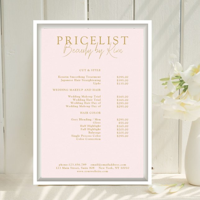 Prislista för Rosa & Beige-Guld Elegant Salong Poster (Personalized Pink & Beige-Gold Elegant, Salon Price List Poster)