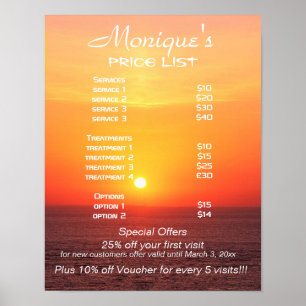 Prislista för Sunrise spa och salongstjänster Poster