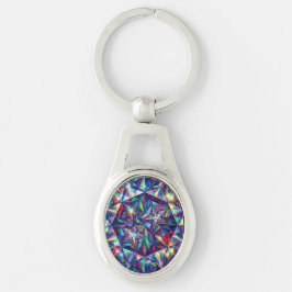 Prism Mandala – Kaleidoscope Metal Keychain Ovalt Silverfärgad Nyckelring