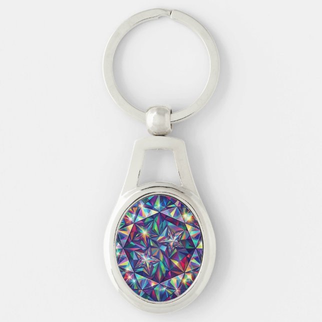 Prism Mandala – Kaleidoscope Metal Keychain Ovalt Silverfärgad Nyckelring (Framsidan)