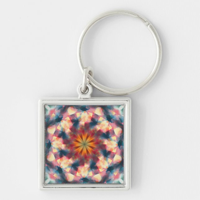 Prismatic Kaleidoscopic Psychedelic Mandala Fyrkantig Silverfärgad Nyckelring (Framsidan)