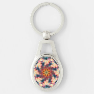 Prismatic Kaleidoscopic Psychedelic Mandala Ovalt Silverfärgad Nyckelring
