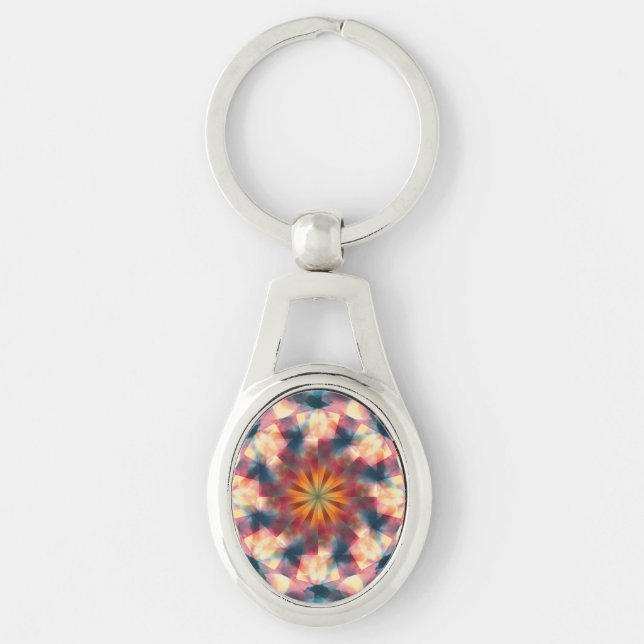 Prismatic Kaleidoscopic Psychedelic Mandala Ovalt Silverfärgad Nyckelring (Framsidan)