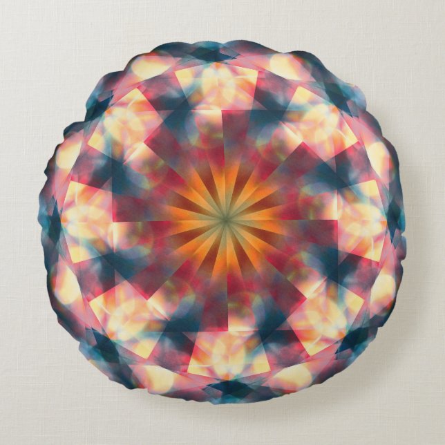 Prismatic Kaleidoscopic Psychedelic Mandala Rund Kudde (Framsidan)
