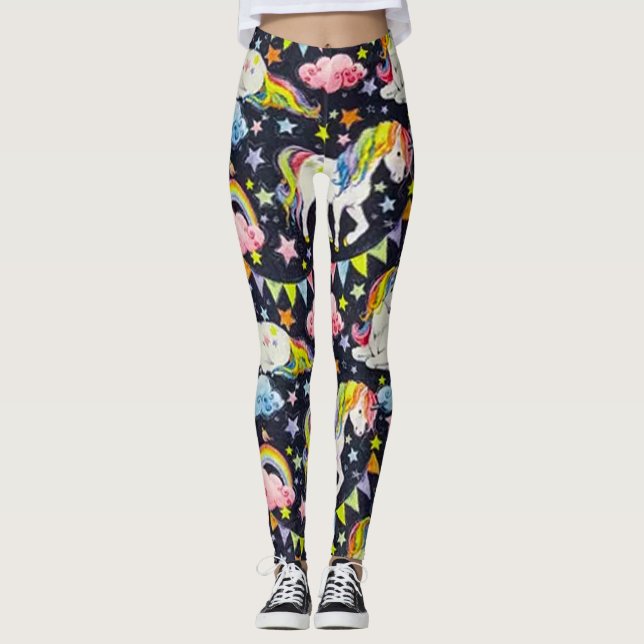 Prismatic UnicornWishsvart & rosor Leggings (Framsida)