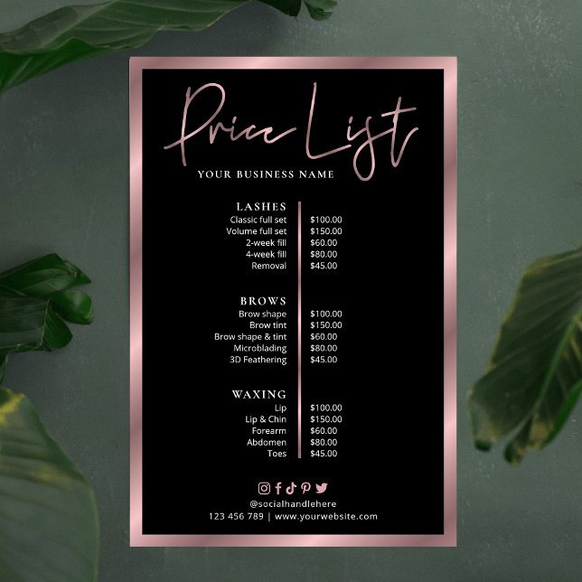 PrisPoster för elegant Black & Ro Guld-tjänster Poster (Black and rose gold price list menu for small business)