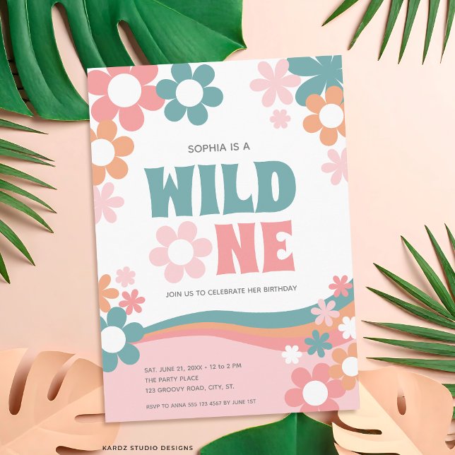 Prissjukt Wild One Flicka 1-års inbjudan (The front of the invitation is shown at a 5x7 inch. Choose size, paper, + corner style.)