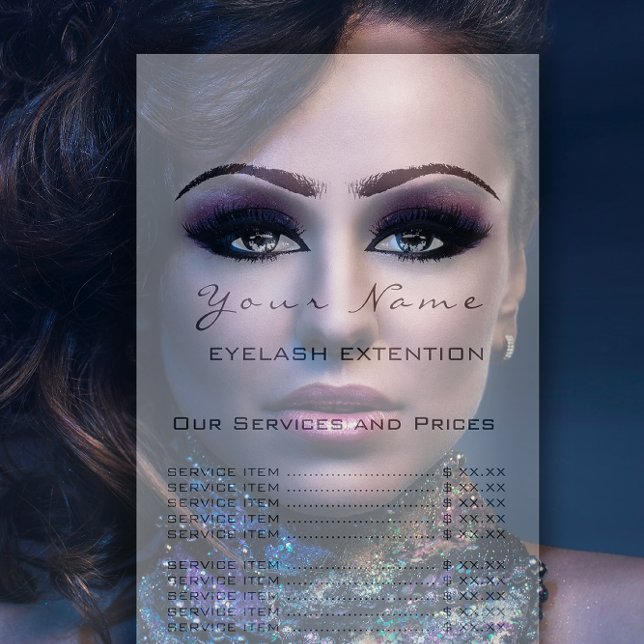 Prist liststreckstillägg Makeup Artist Violet Reklamkort (Price List Lashes Extension Makeup Artist Violet Rack Card)