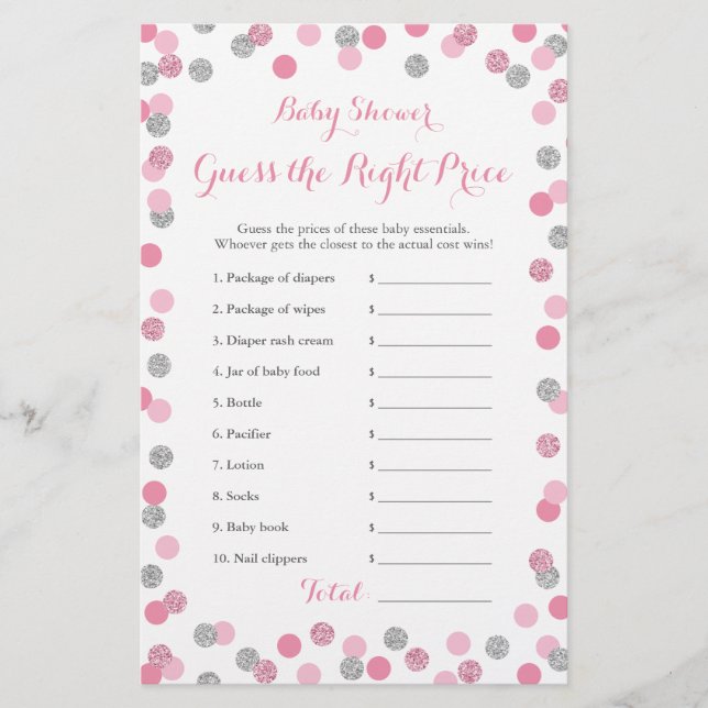 Prist spelkort för rosa och Silver Baby Shower Hög (Framsida)