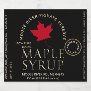 Privat reservmaple Syrup Black med Red Löv Spritflaskor Etikett