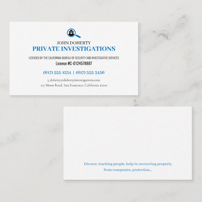 Privata undersökningar | Detektiv Proffs  Visitkort (Fram/baksida)
