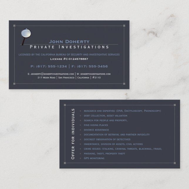 Privata utredningar | Detektiv Professionell Visitkort (Fram/baksida)