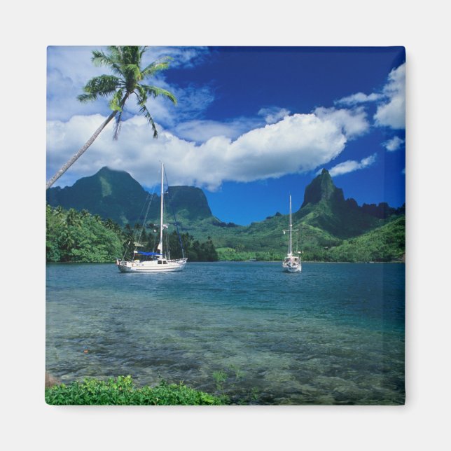 Privata yachter förankrade i Opunohu Bay på Magnet (Framsidan)