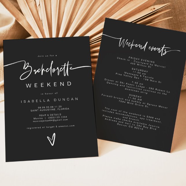 PRIYA Black Contemporary Bachelorette Itinerary Inbjudningar (Skapare uppladdad)