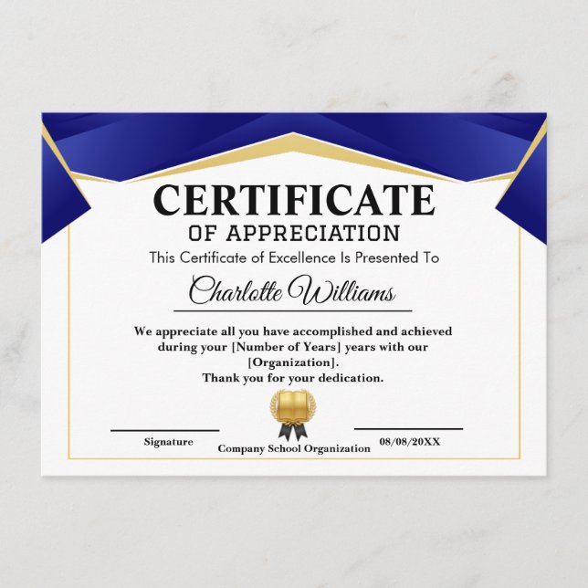 Pro Appreciationsbevis Guld Blå Certifikat (Framsida)