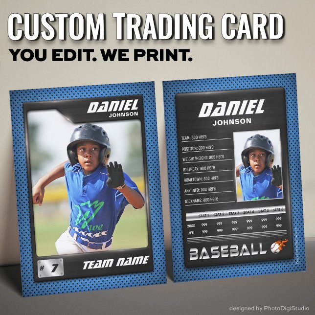 PRO-baskort med Stats Player Trafikkort (Custom Baseball Trading Card, Blue Black PRO Stats Player Card)