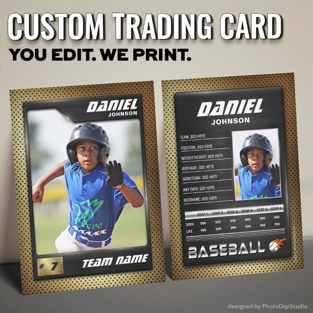 PRO-baskort med Stats Player Trafikkort (Custom Baseball Trading Card, Gold Black PRO Stats Player Card)