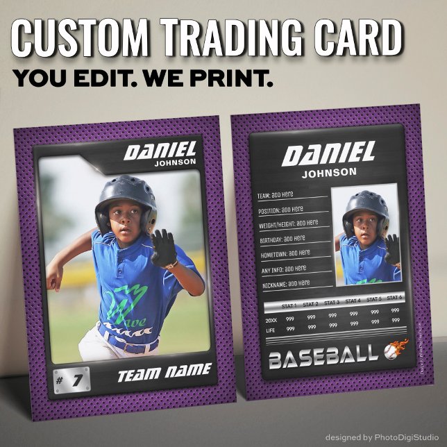 PRO-baskort med Stats Player Trafikkort (Custom Baseball Trading Card, Purple PRO Stats Player Card)