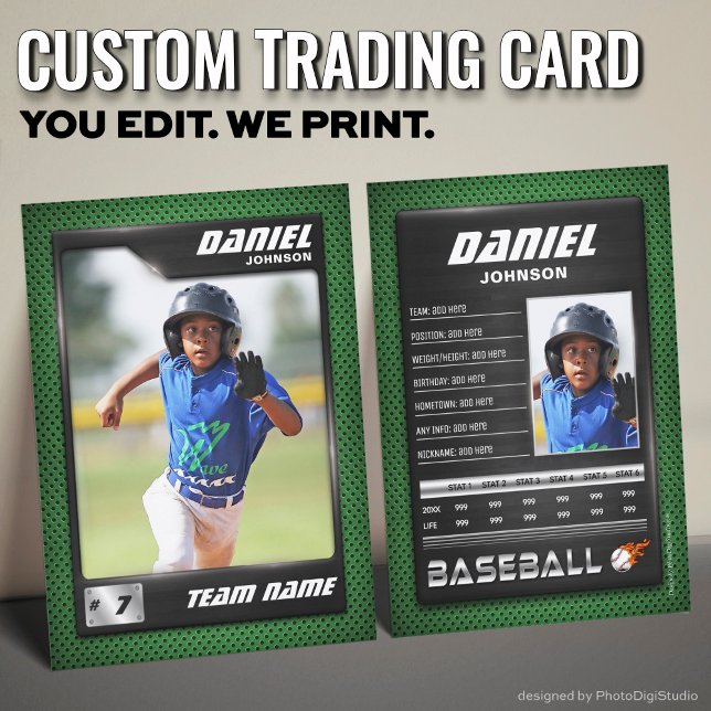 PRO-baskort med Stats Player Trafikkort (Custom Baseball Trading Card, Green Gray PRO Stats Player Card)