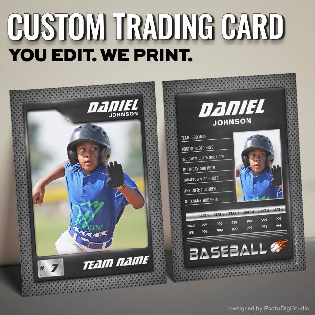 PRO-baskort med Stats Player Trafikkort (Custom Baseball Trading Card, Graphite PRO Stats Player Card)