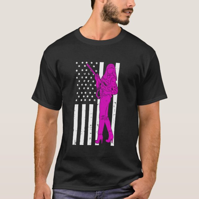 Pro Gun Distress American Flagga for Female Gun Ow T Shirt (Framsida)
