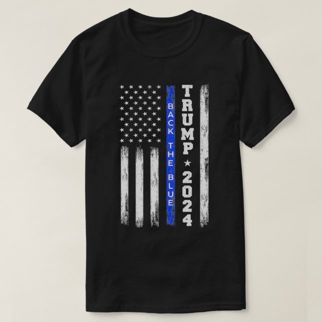 Pro Trump 2024 bakom Blue Thin Blue Line Americ T Shirt (Design framsida)