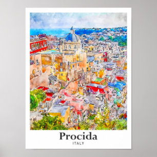 Procida Italien Travel Watercolor Sketch Hand ploc Poster