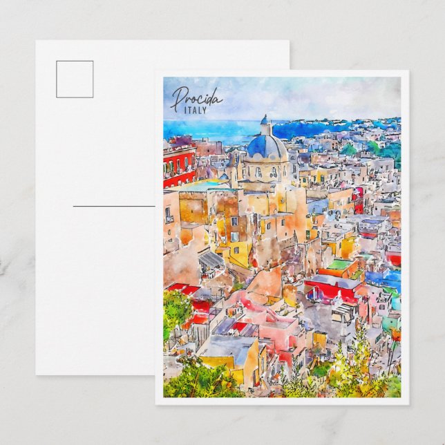 Procida Italien vintage resor vattenfärg Vykort (Fram/baksida)