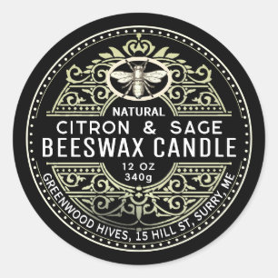 Produktetikett för Beeswax Candle Heraldic Bee Fin Runt Klistermärke