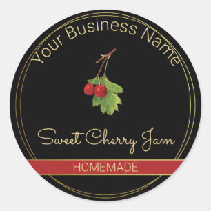 Produktetikett för Black & Guld Sweet Cherry Sylt Runt Klistermärke