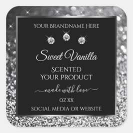 Produktetikett för Luxury Black Silver Glitter Dia Fyrkantigt Klistermärke