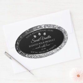 Produktetikett för Luxury Black Silver Glitter Dia Ovalt Klistermärke