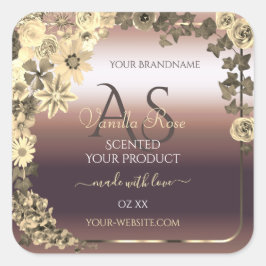Produktetiketten Cream Flowers och Monogram för ro Fyrkantigt Klistermärke