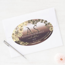 Produktetiketten Cream Flowers och Monogram för ro Ovalt Klistermärke