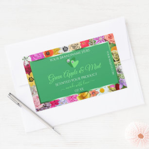 Produktetiketter för Grönt av blommigt med hearts- Rektangulärt Klistermärke