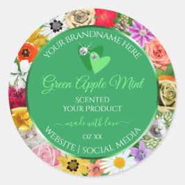 Produktetiketter för Grönt av blommigt med hearts- Runt Klistermärke