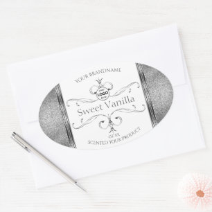 Produktetiketter för vit Silver Ornate Decor med L Ovalt Klistermärke