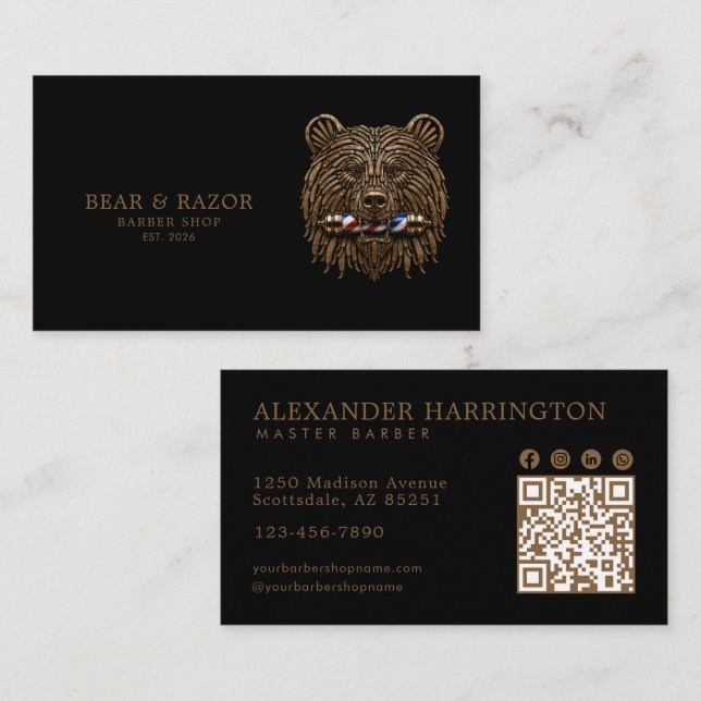 Professional Barbershop Bronze Bear QR-kod Visitkort (Fram/baksida)