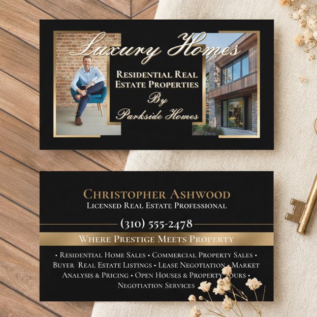 Professional Black Gold Real Estate Agent Photo  Visitkort (Professional Black Gold Real Estate Agent Photo Business Card)